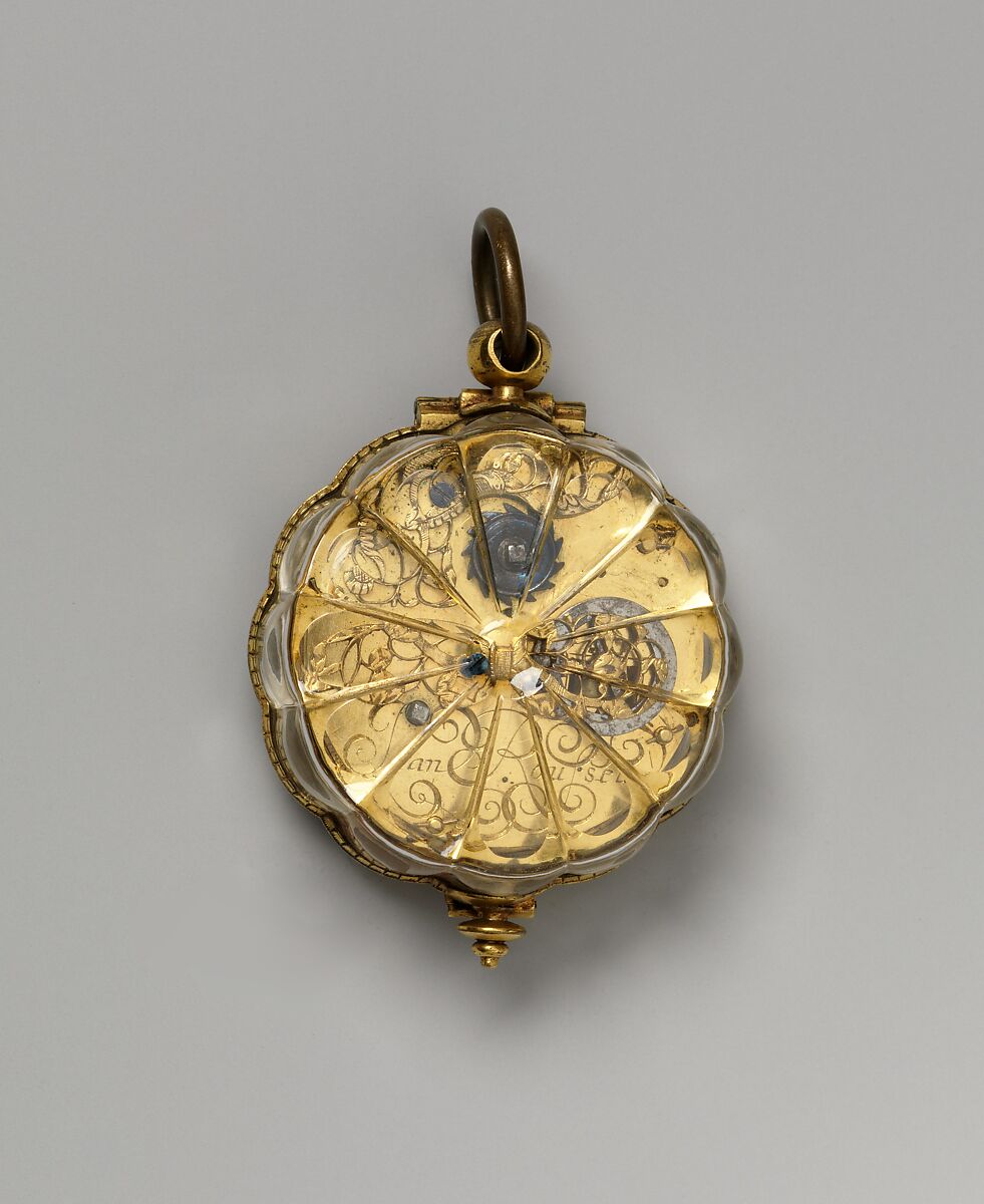 Watch, Watchmaker: probably Jean Rousseau the Younger (Swiss, 1606–1684), Case: rock crystal mounted in gilded brass; Dial: silver and black enamel with gilded-brass hand; Movement: gilded brass and partly blued steel, Swiss, Geneva