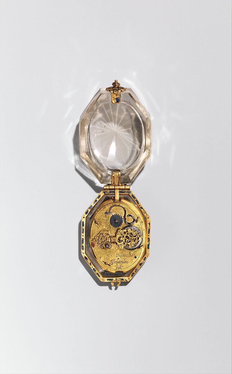 Watch, Watchmaker: Jacob Wybrants (recorded 1635–78), Case: rock crystal and gold, partly enameled; Movement: gilded brass and steel, partly blued, Dutch, Leeuwarden 
