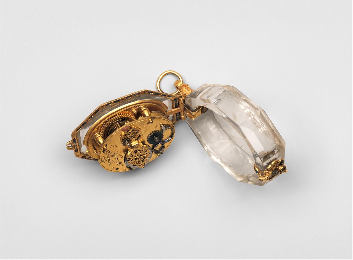 Watch, Watchmaker: Jacob Wybrants (recorded 1635–78), Case: rock crystal and gold, partly enameled; Movement: gilded brass and steel, partly blued, Dutch, Leeuwarden