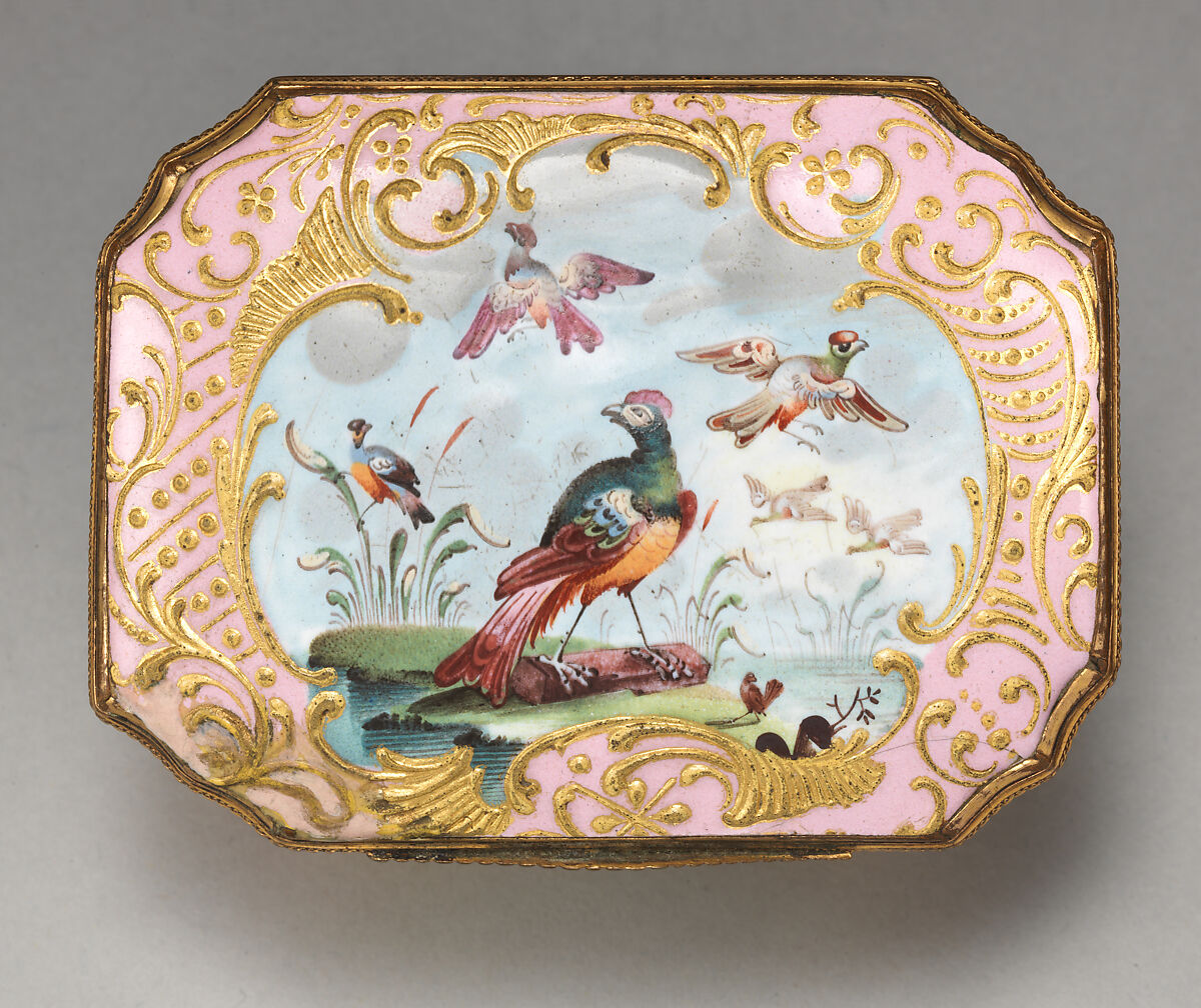 Snuffbox with various birds, Enameled copper, British, South Staffordshire