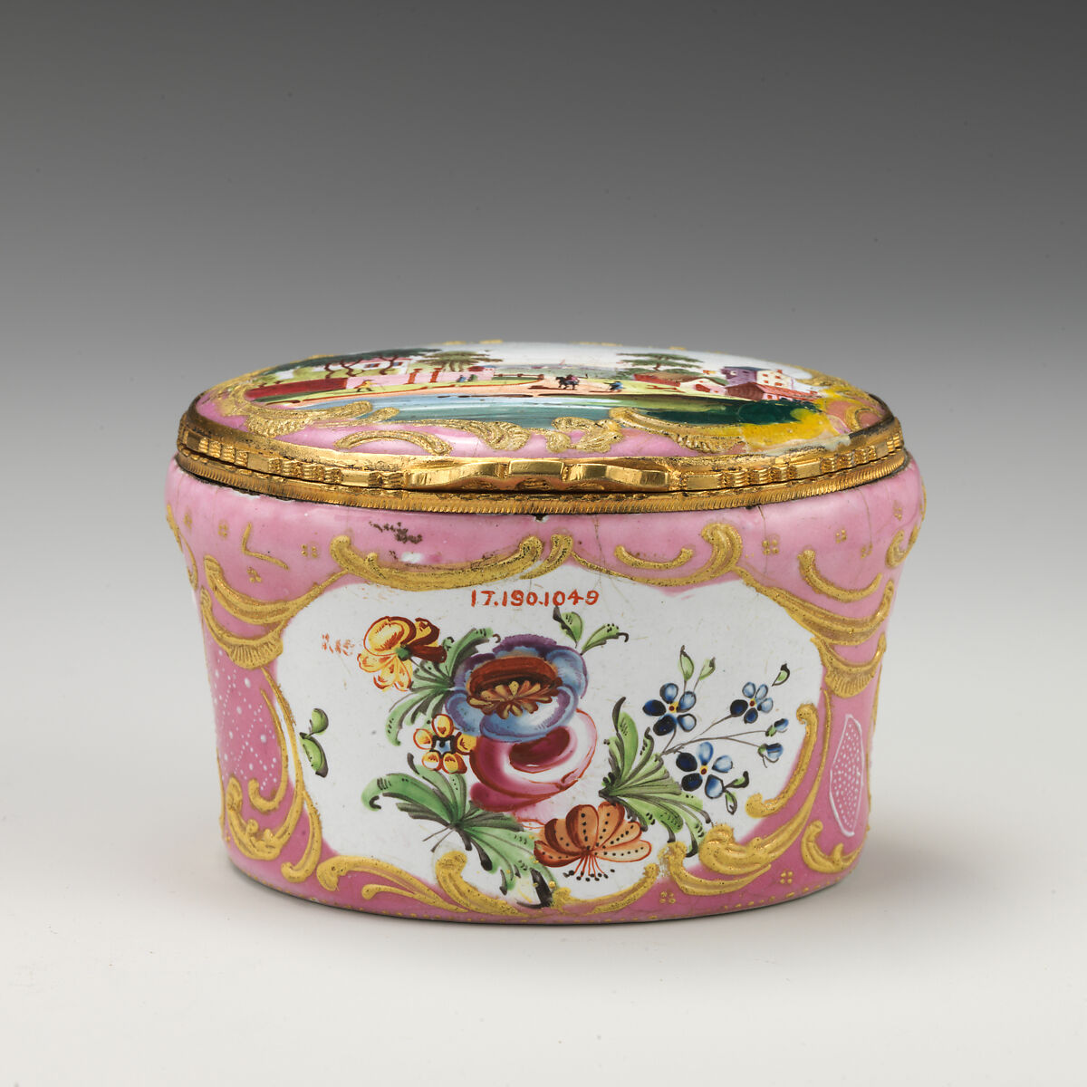 Snuffbox with village scene, Enameled copper, British, South Staffordshire, possibly Bilston