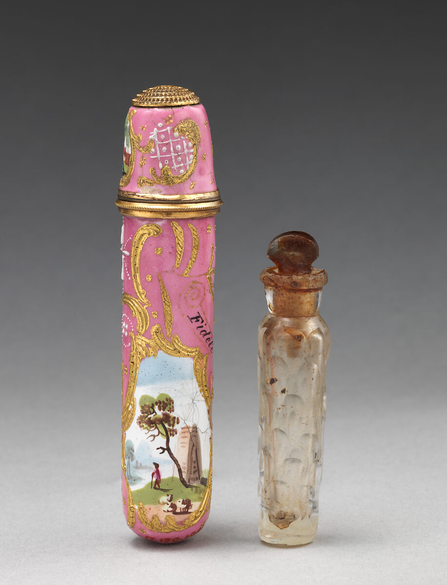 Scent bottle holder with thimble, Enameled copper, British, South Staffordshire