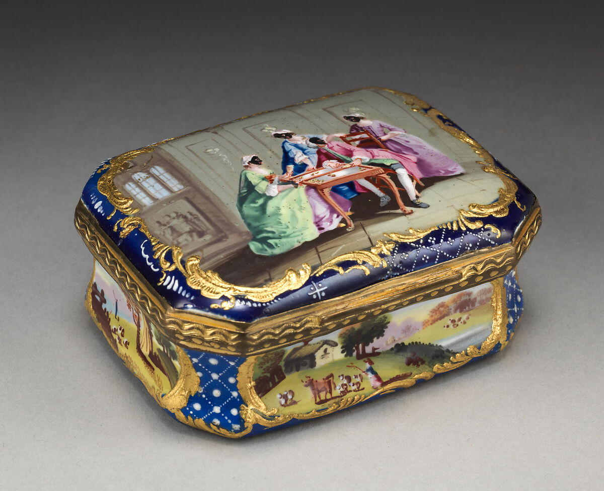 Snuffbox, Designed by Nicolas Lancret (French, Paris 1690–1743 Paris), Enameled copper, British, Staffordshire 