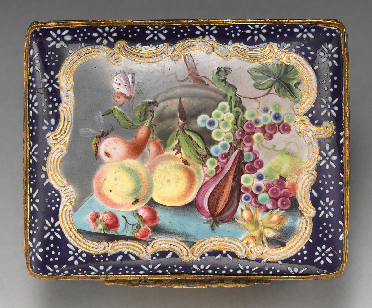 Snuffbox with still life, Enameled copper, British, South Staffordshire