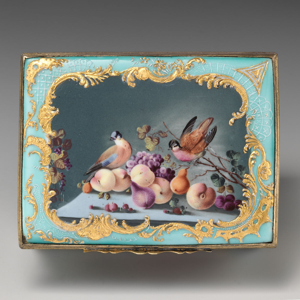 Snuffbox with still life, Enameled copper, British, South Staffordshire