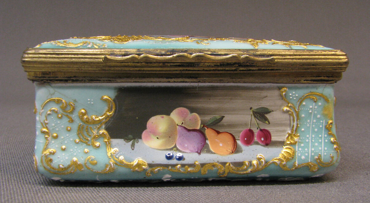 Snuffbox with still life, Enameled copper, British, South Staffordshire