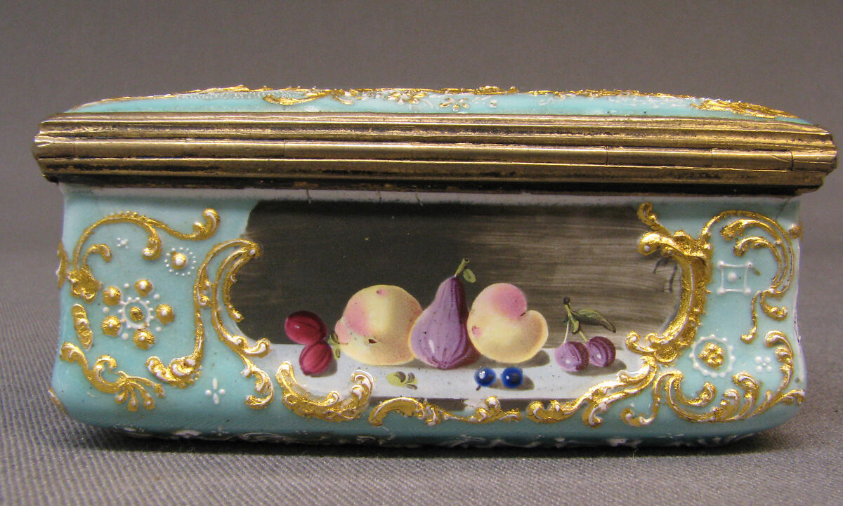 Snuffbox with still life, Enameled copper, British, South Staffordshire