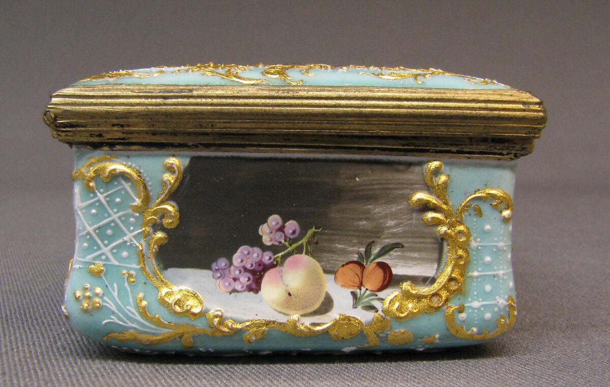 Snuffbox with still life, Enameled copper, British, South Staffordshire
