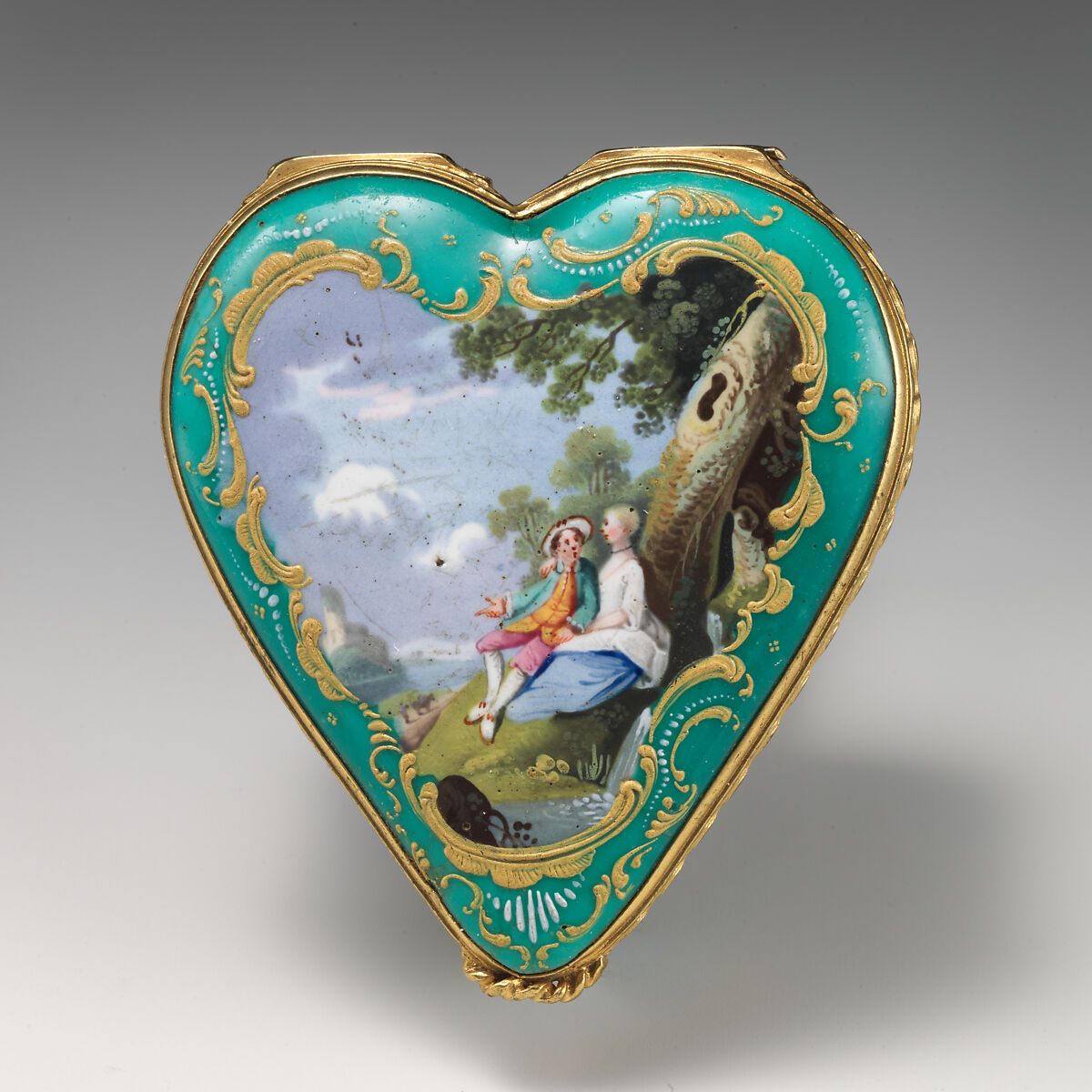 Heart-shaped snuffbox, Enameled copper, British, South Staffordshire