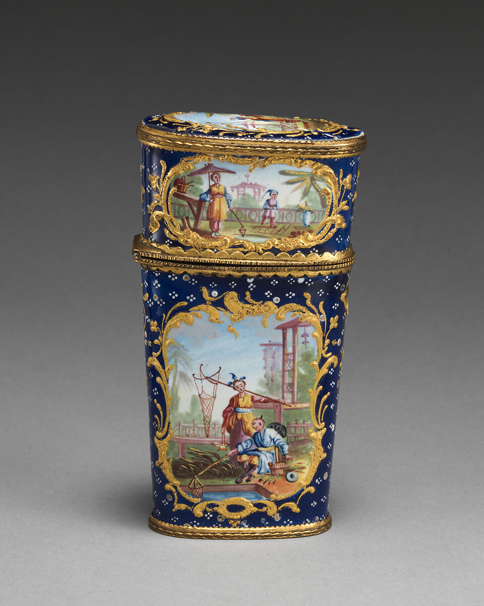 Étui, Enameled copper, ivory, British, South Staffordshire case and French, Paris scissors