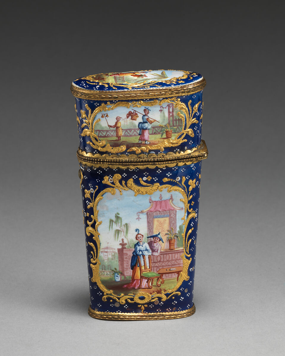 Étui, Enameled copper, ivory, British, South Staffordshire case and French, Paris scissors