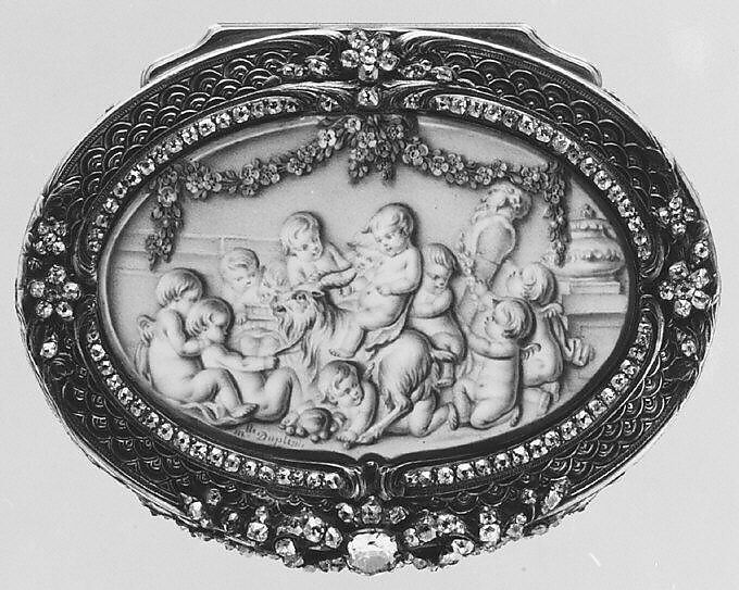 Snuffbox with six scenes of putti at play, Jean Georges (or George) (master 1752, died 1765), Gold, grisaille enamel, diamonds, French, Paris