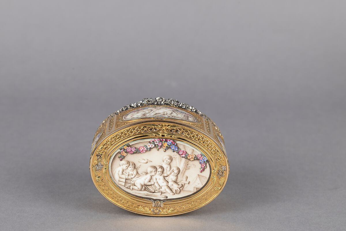 Snuffbox with six scenes of putti at play, Jean Georges (or George) (master 1752, died 1765), Gold, grisaille enamel, diamonds, French, Paris