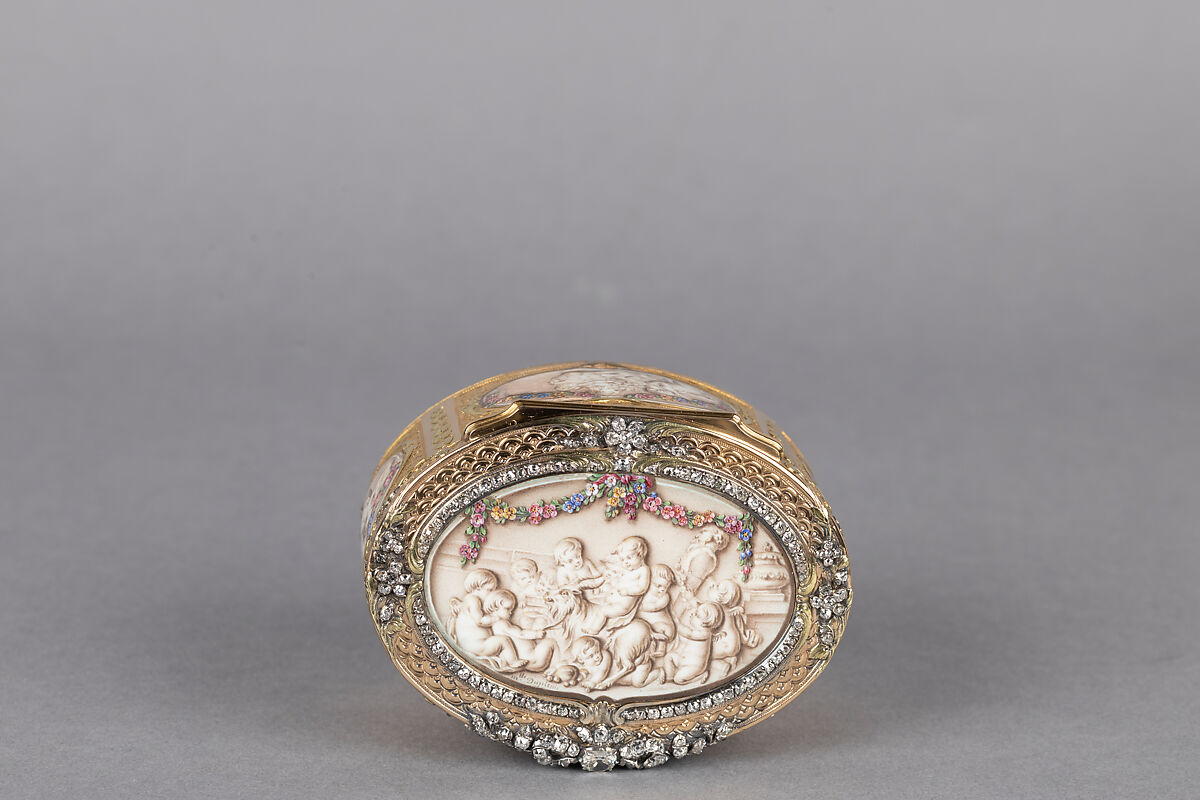 Snuffbox with six scenes of putti at play, Jean Georges (or George) (master 1752, died 1765), Gold, grisaille enamel, diamonds, French, Paris