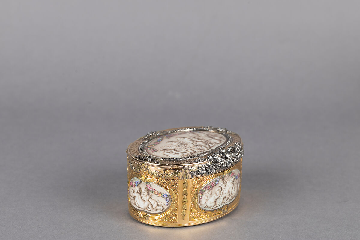 Snuffbox with six scenes of putti at play, Jean Georges (or George) (master 1752, died 1765), Gold, grisaille enamel, diamonds, French, Paris