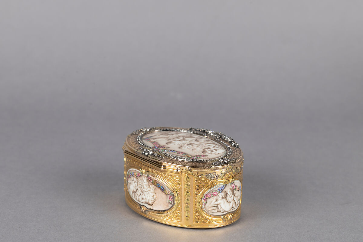 Snuffbox with six scenes of putti at play, Jean Georges (or George) (master 1752, died 1765), Gold, grisaille enamel, diamonds, French, Paris