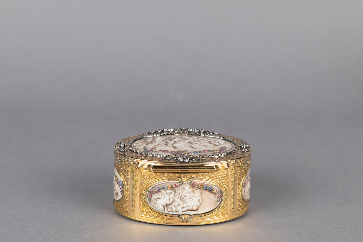 Snuffbox with six scenes of putti at play, Jean Georges (or George) (master 1752, died 1765), Gold, grisaille enamel, diamonds, French, Paris