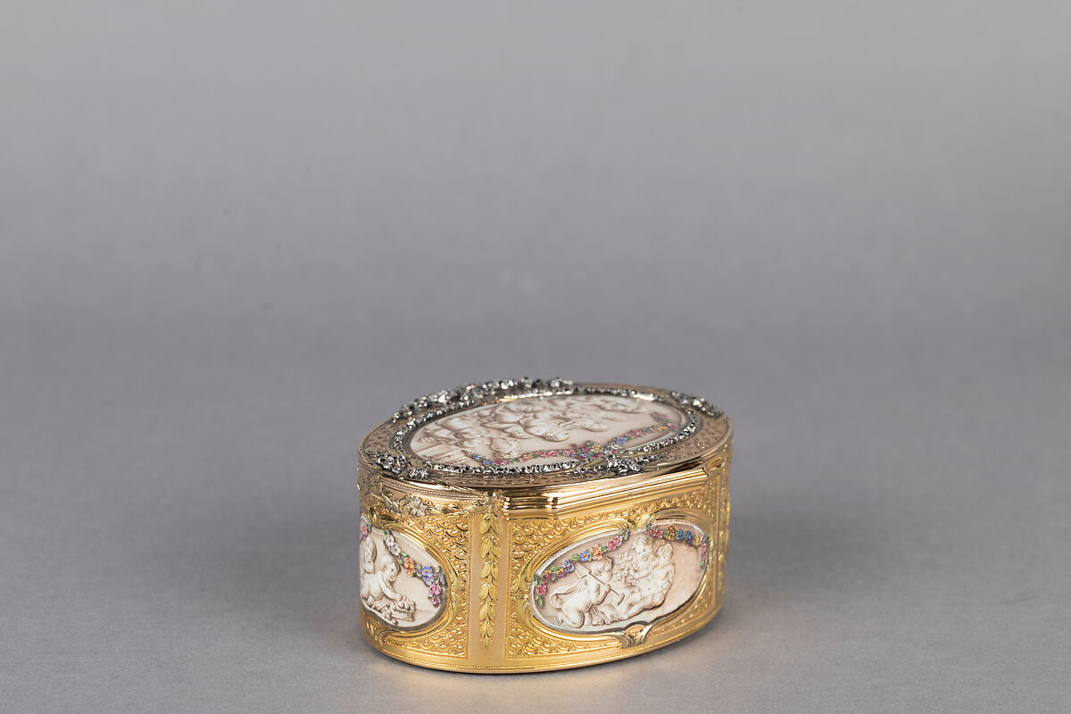 Snuffbox with six scenes of putti at play, Jean Georges (or George) (master 1752, died 1765), Gold, grisaille enamel, diamonds, French, Paris