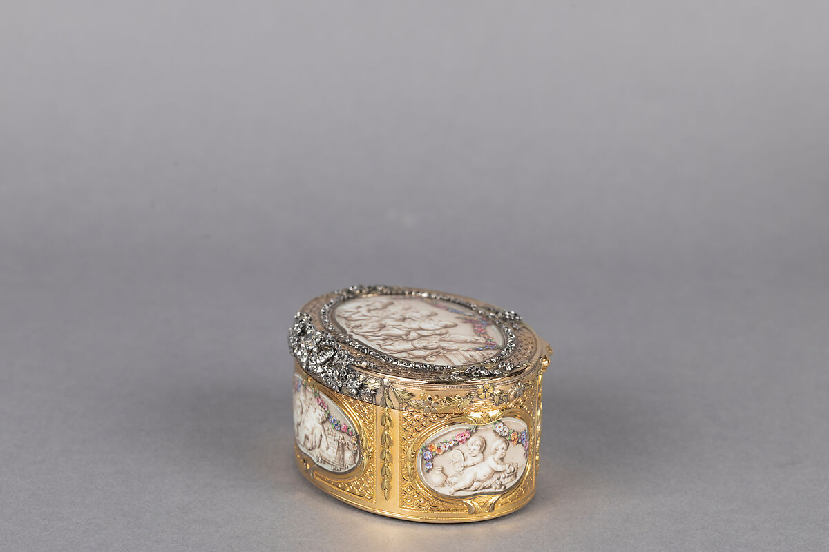 Snuffbox with six scenes of putti at play, Jean Georges (or George) (master 1752, died 1765), Gold, grisaille enamel, diamonds, French, Paris