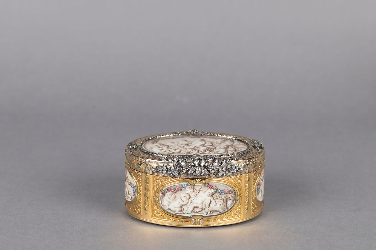 Snuffbox with six scenes of putti at play, Jean Georges (or George) (master 1752, died 1765), Gold, grisaille enamel, diamonds, French, Paris