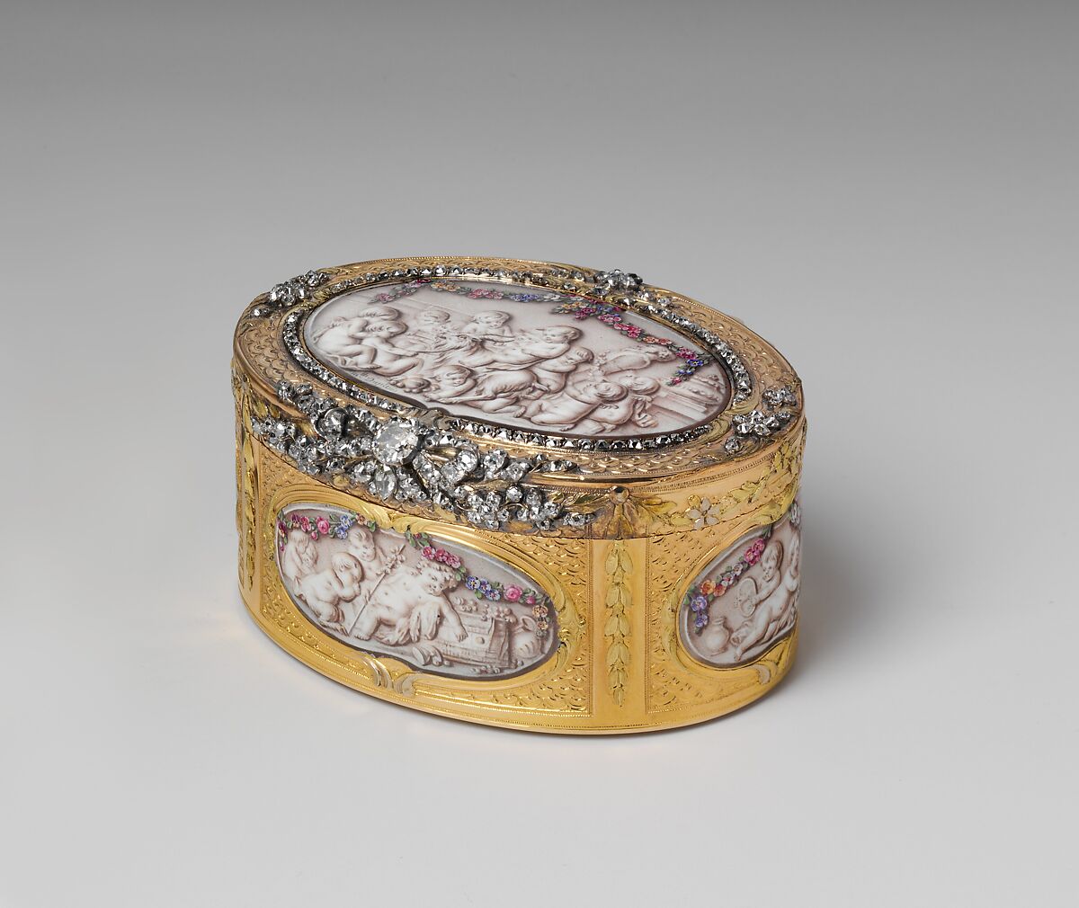 Snuffbox with six scenes of putti at play, Jean Georges (or George) (master 1752, died 1765), Gold, grisaille enamel, diamonds, French, Paris 