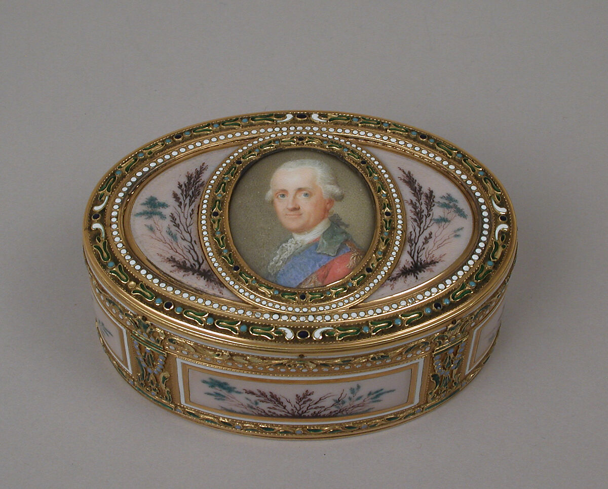 Snuffbox with portrait of a man, probably Prinz Karl von Sachsen (1733–1796), Jean-Joseph Barrière (French, apprenticed 1750, master 1763, active 1793), Gold, enamel, ivory, glass, French, Paris