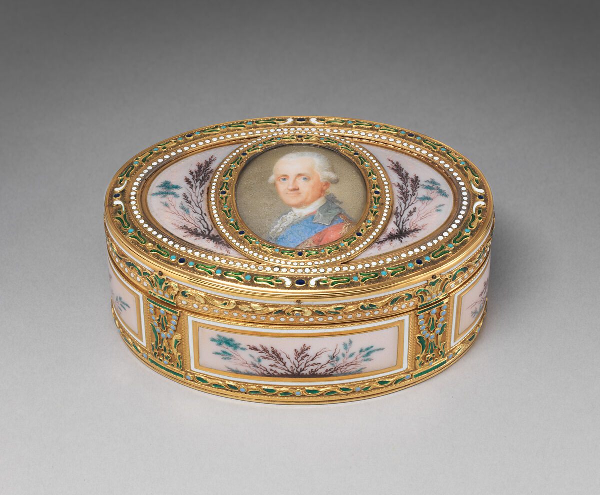 Snuffbox with portrait of a man, probably Prinz Karl von Sachsen (1733–1796), Jean-Joseph Barrière (French, apprenticed 1750, master 1763, active 1793), Gold, enamel, ivory, glass, French, Paris 