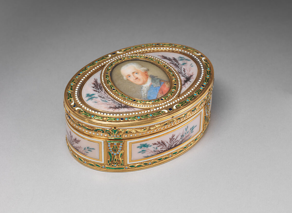 Snuffbox with portrait of a man, probably Prinz Karl von Sachsen (1733–1796), Jean-Joseph Barrière (French, apprenticed 1750, master 1763, active 1793), Gold, enamel, ivory, glass, French, Paris