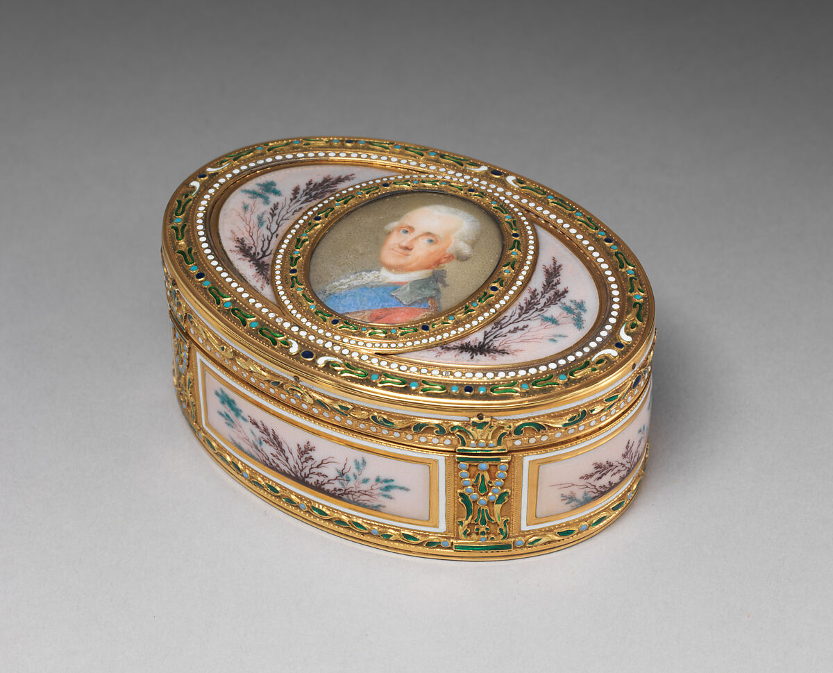 Snuffbox with portrait of a man, probably Prinz Karl von Sachsen (1733–1796), Jean-Joseph Barrière (French, apprenticed 1750, master 1763, active 1793), Gold, enamel, ivory, glass, French, Paris
