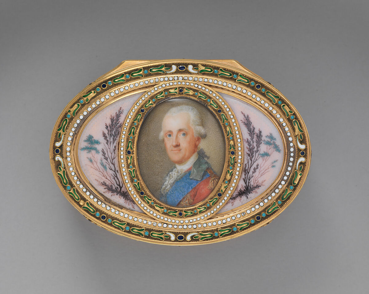 Snuffbox with portrait of a man, probably Prinz Karl von Sachsen (1733–1796), Jean-Joseph Barrière (French, apprenticed 1750, master 1763, active 1793), Gold, enamel, ivory, glass, French, Paris