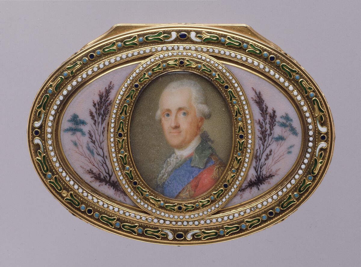 Snuffbox with portrait of a man, probably Prinz Karl von Sachsen (1733–1796), Jean-Joseph Barrière (French, apprenticed 1750, master 1763, active 1793), Gold, enamel, ivory, glass, French, Paris