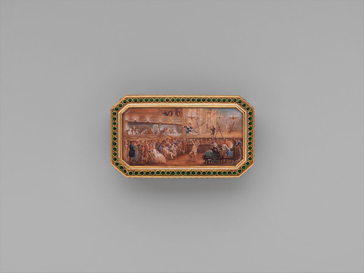 Snuffbox with theatrical scenes of a rope dancer and a puppet show, Box by Joseph Etienne Blerzy (French, active 1750–1806), Gold, enamel; vellum, French, Paris