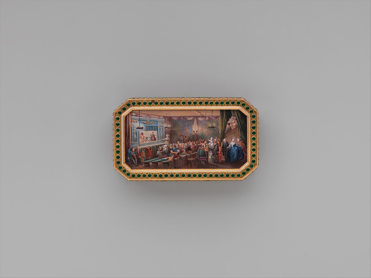 Snuffbox with theatrical scenes of a rope dancer and a puppet show, Box by Joseph Etienne Blerzy (French, active 1750–1806), Gold, enamel; vellum, French, Paris