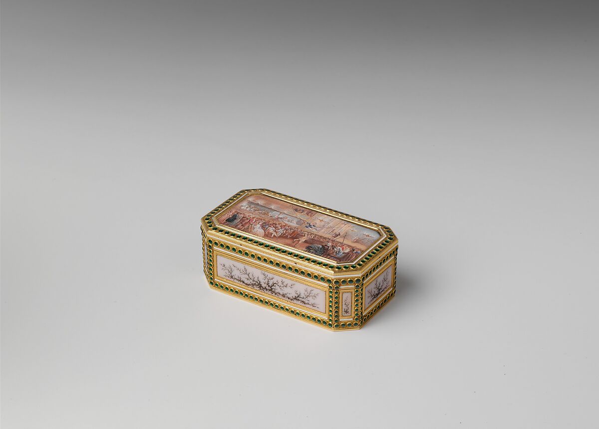 Snuffbox with theatrical scenes of a rope dancer and a puppet show, Box by Joseph Etienne Blerzy (French, active 1750–1806), Gold, enamel; vellum, French, Paris 