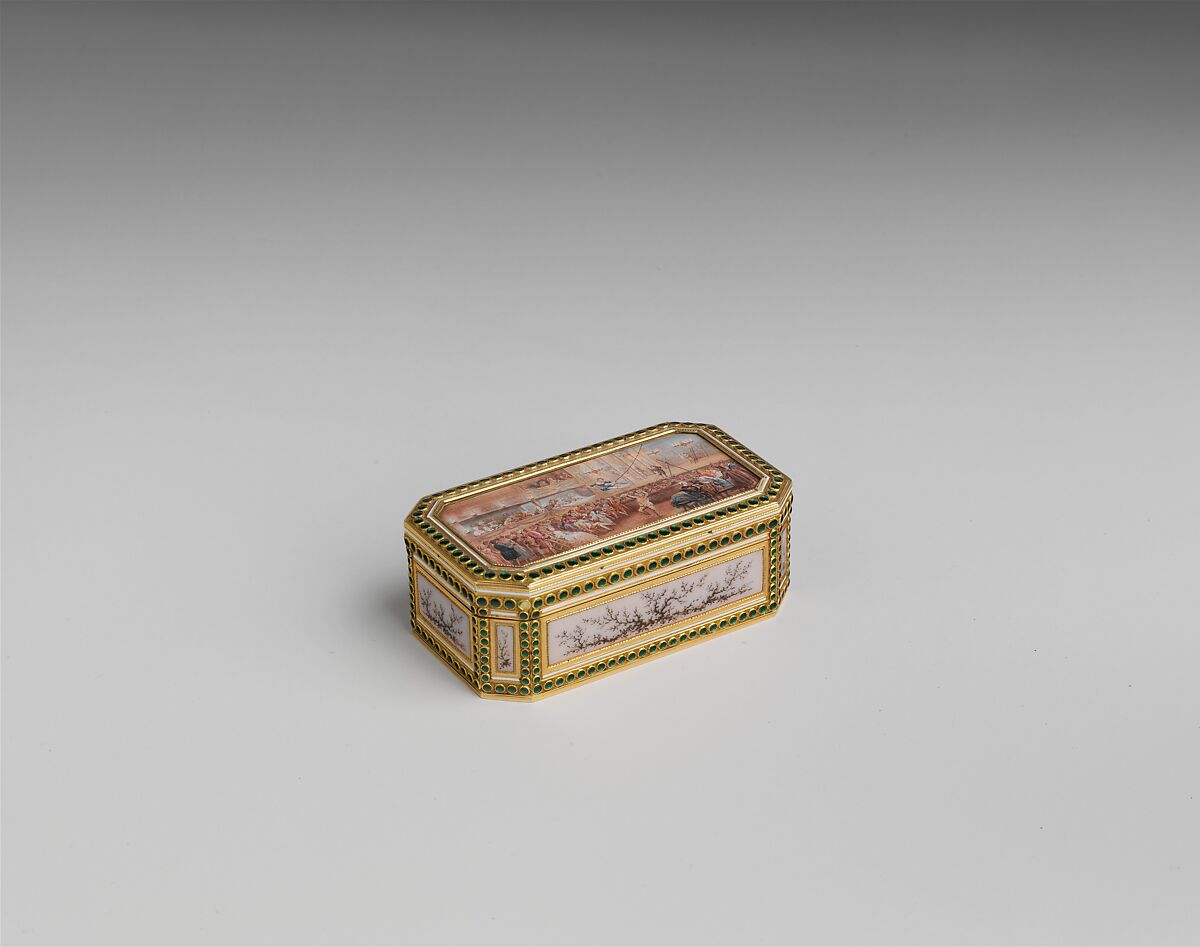 Snuffbox with theatrical scenes of a rope dancer and a puppet show, Box by Joseph Etienne Blerzy (French, active 1750–1806), Gold, enamel; vellum, French, Paris