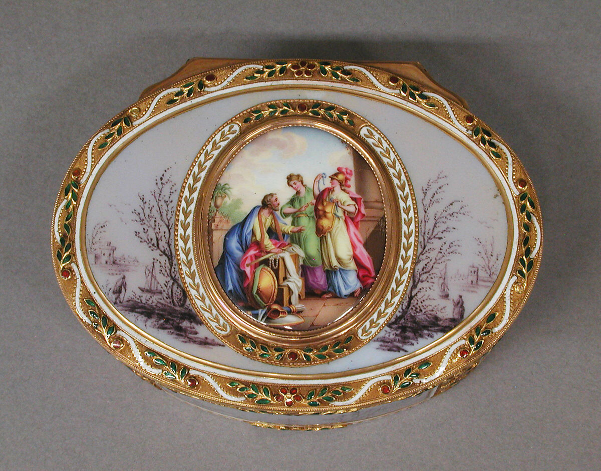Snuffbox with Ulysses discovering Achilles and harbor scenes, Les Frères Souchay (Swiss, active Hanau, by 1764), Gold, enamel, German, Hanau