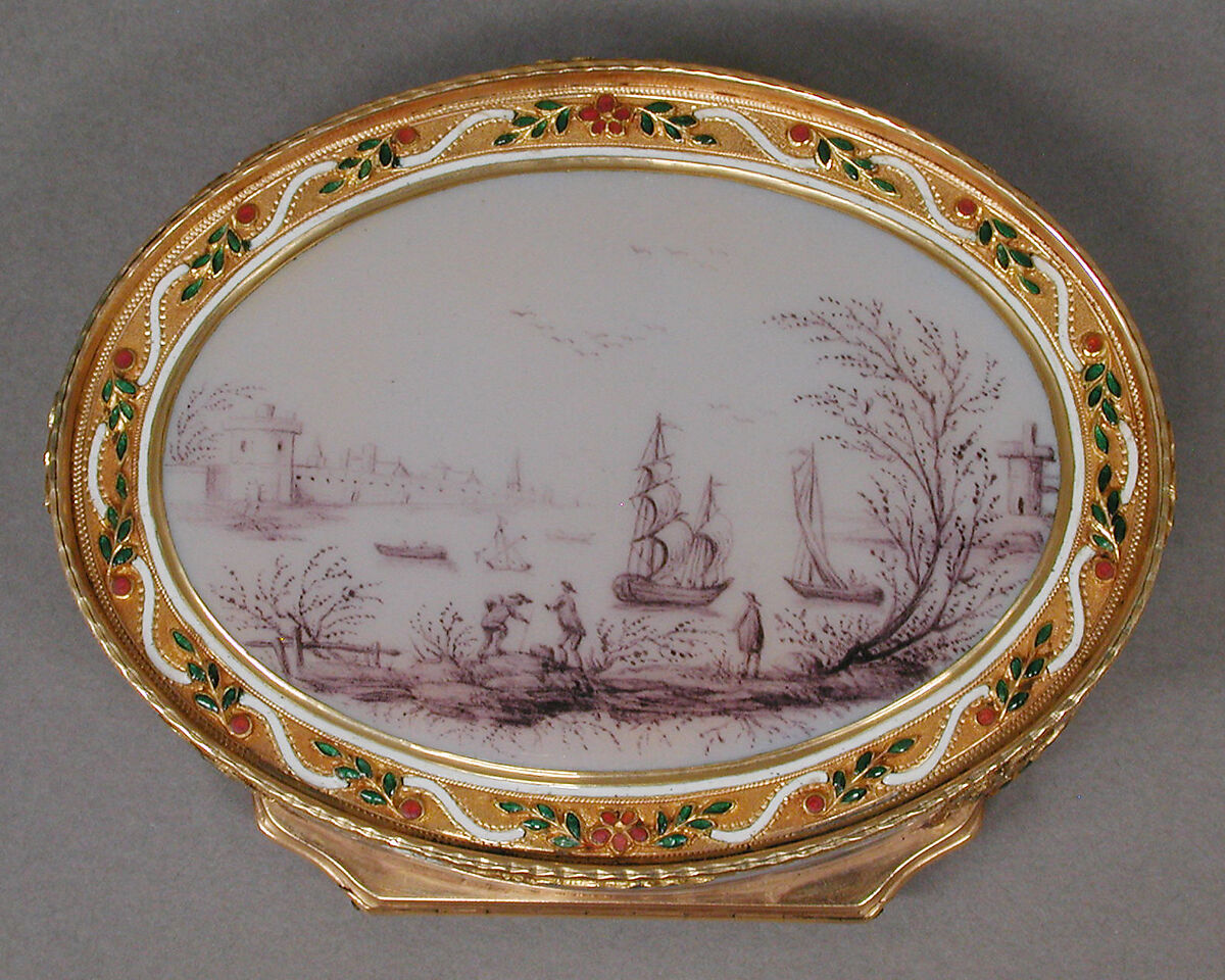 Snuffbox with Ulysses discovering Achilles and harbor scenes, Les Frères Souchay (Swiss, active Hanau, by 1764), Gold, enamel, German, Hanau