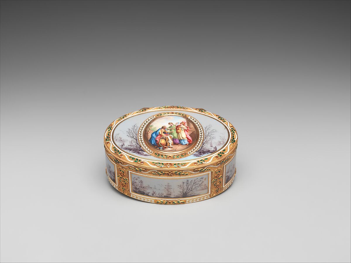 Snuffbox with Ulysses discovering Achilles and harbor scenes, Les Frères Souchay (Swiss, active Hanau, by 1764), Gold, enamel, German, Hanau 