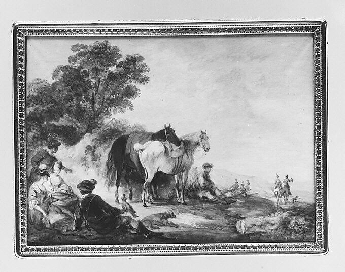 Snuffbox with hunting scenes, J.D., Gold; paper, French, Paris