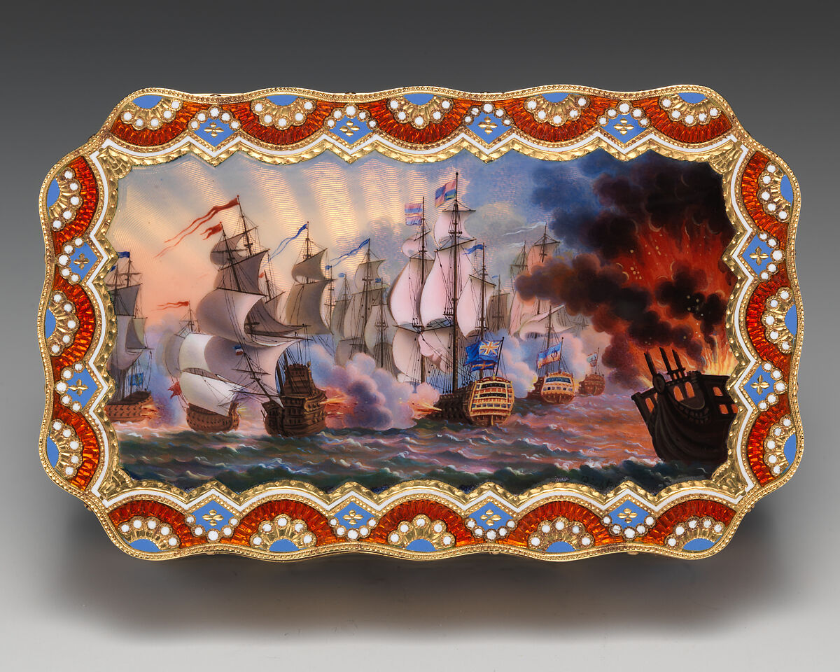 Snuffbox with naval battle scenes, Jean Louis Richter (1766–1841), Gold, enamel, Swiss