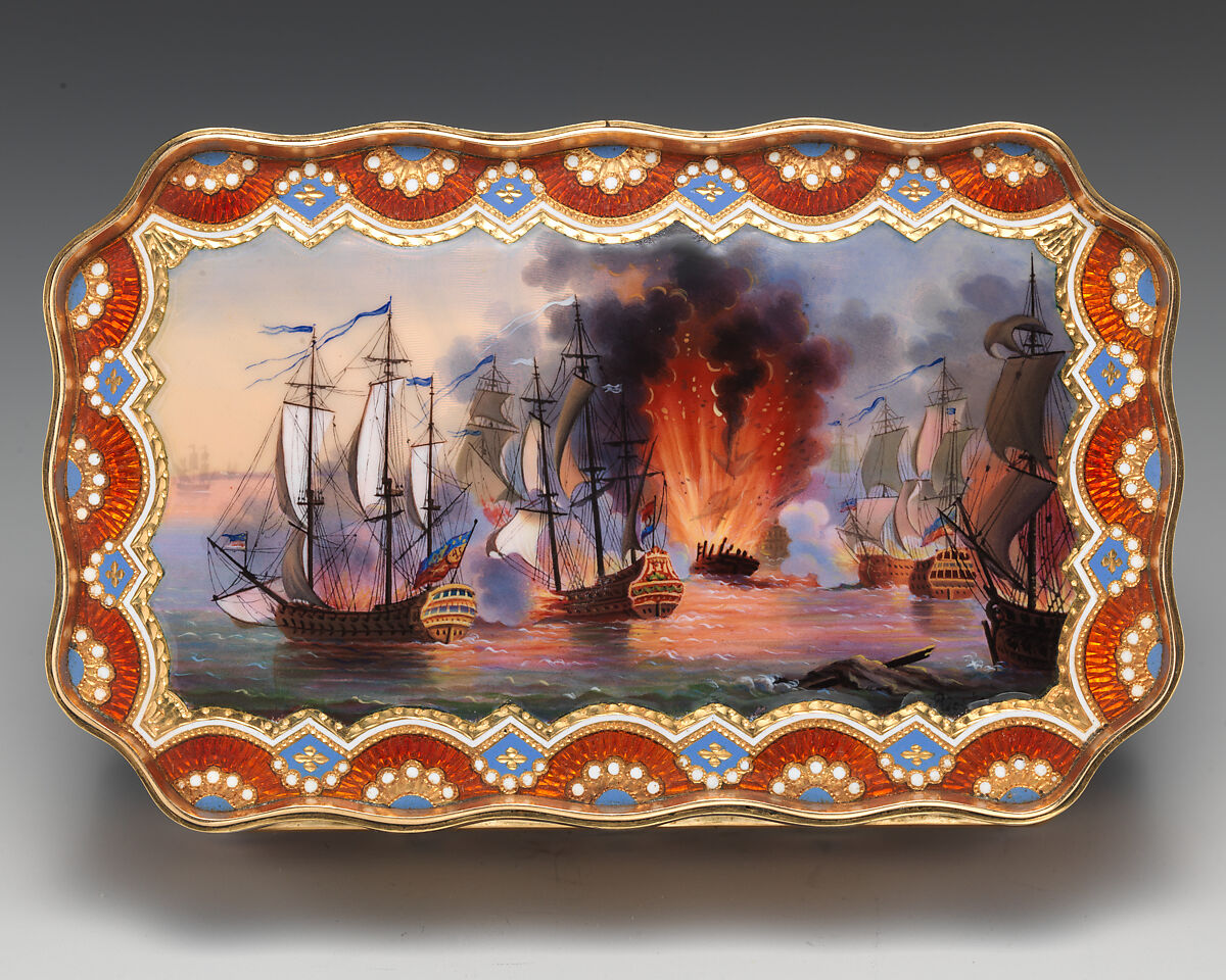 Snuffbox with naval battle scenes, Jean Louis Richter (1766–1841), Gold, enamel, Swiss