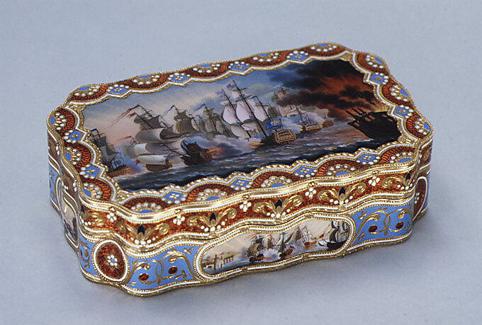 Snuffbox with naval battle scenes, Jean Louis Richter (1766–1841), Gold, enamel, Swiss