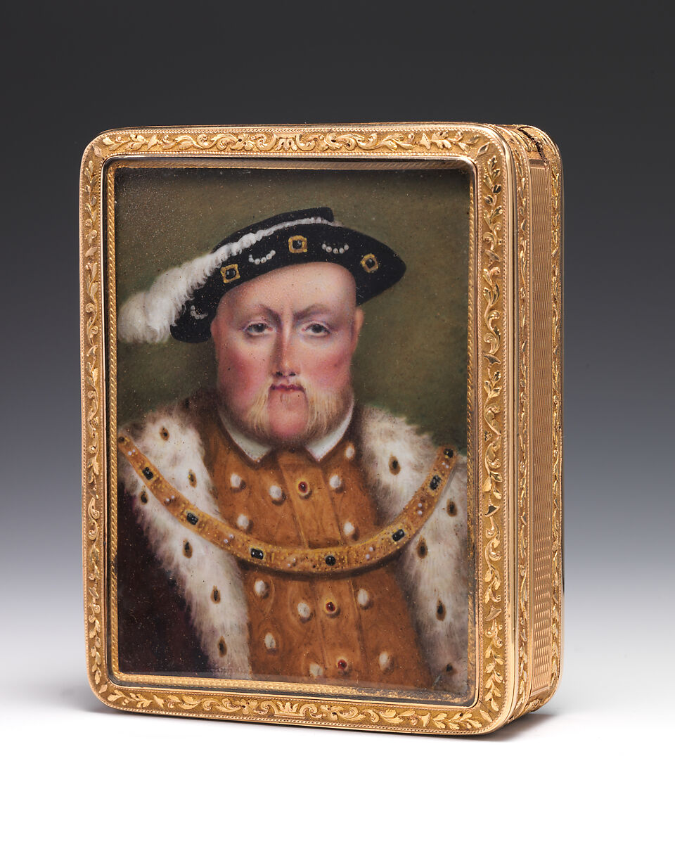 Snuffbox with portraits of Henry VIII and and Jane Seymour with presentation inscription, I. A. (unidentified) (active 1795–1806), Red and yellow gold;  enamel, British, London 