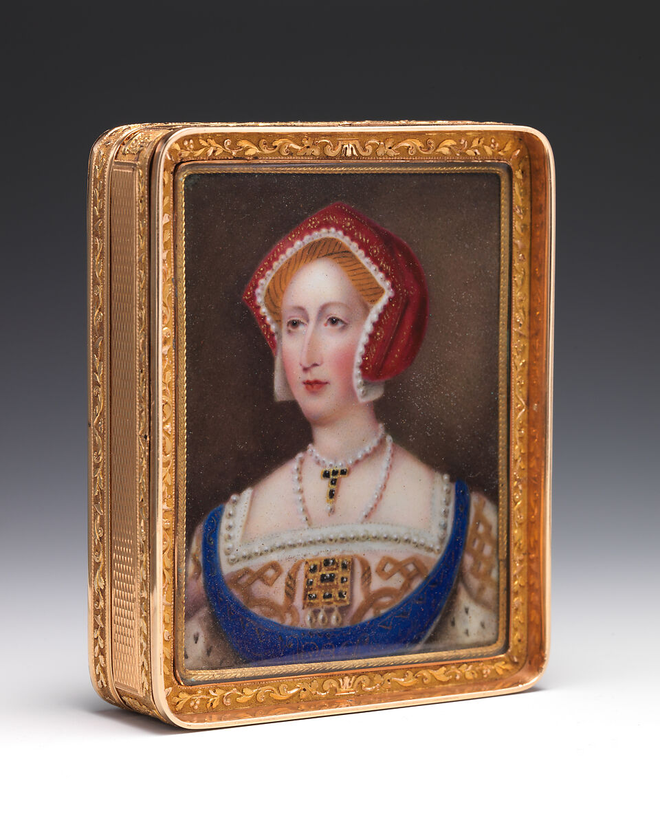 Snuffbox with portraits of Henry VIII and and Jane Seymour with presentation inscription, I. A. (unidentified) (active 1795–1806), Red and yellow gold;  enamel, British, London