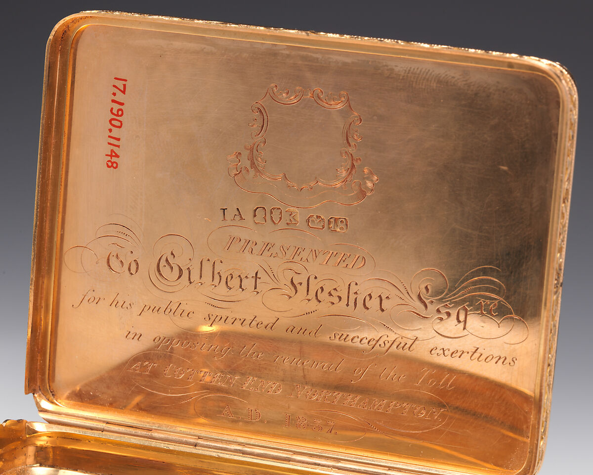 Snuffbox with portraits of Henry VIII and and Jane Seymour with presentation inscription, I. A. (unidentified) (active 1795–1806), Red and yellow gold;  enamel, British, London