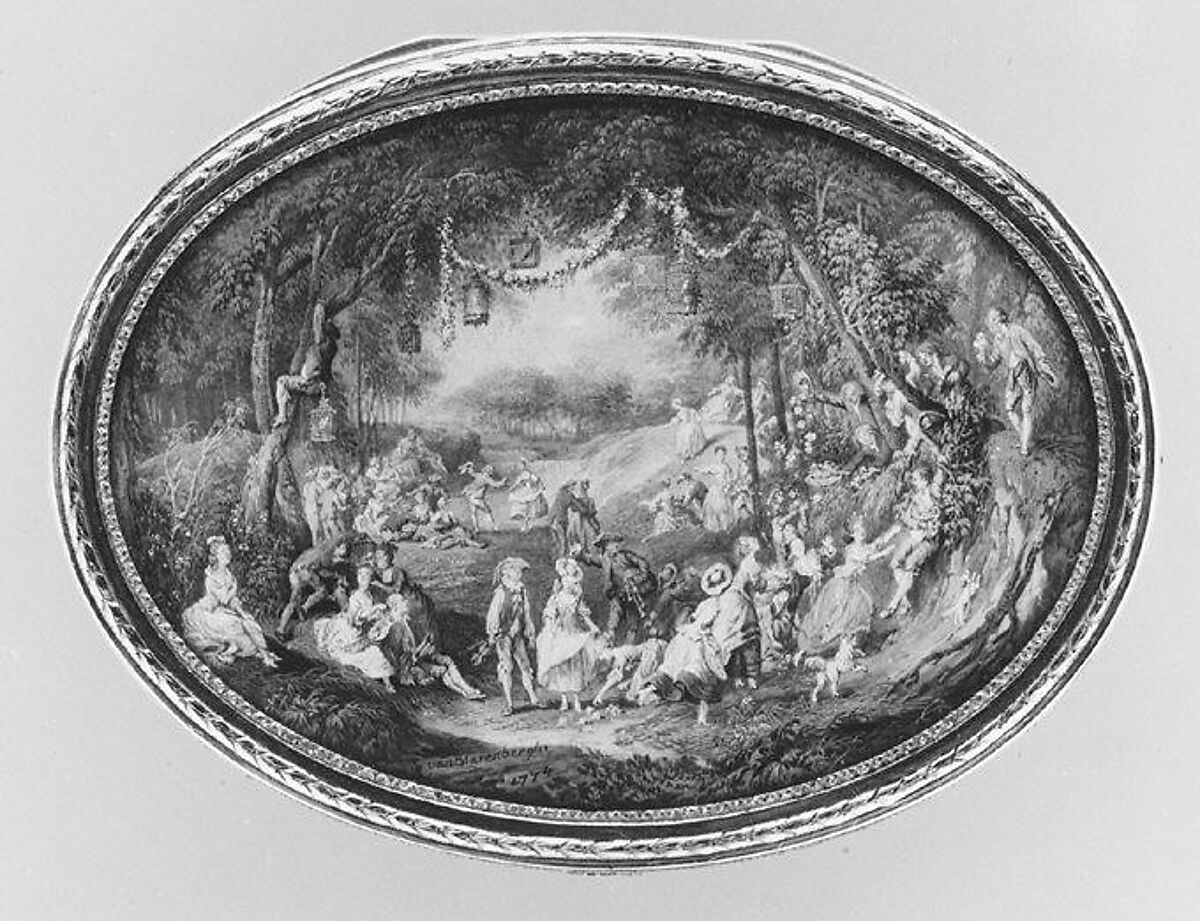 Snuffbox with six scenes of country pastimes, Box by Pierre François Drais (French, 1726–ca. 1788), Gold, glass; miniatures: gouache on vellum, French, Paris
