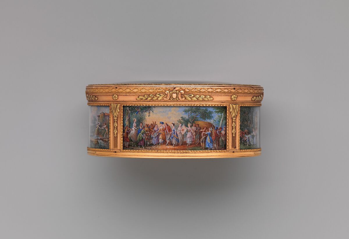 Snuffbox with six scenes of country pastimes, Box by Pierre François Drais (French, 1726–ca. 1788), Gold, glass; miniatures: gouache on vellum, French, Paris