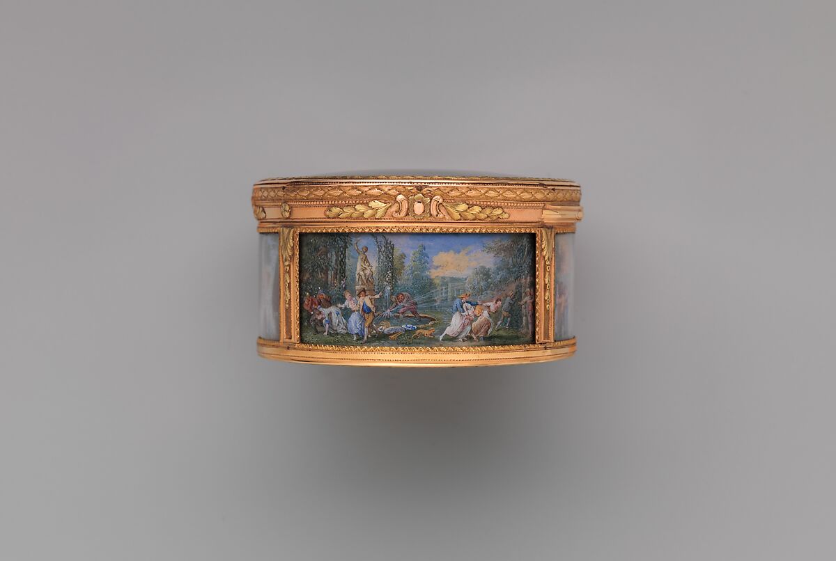 Snuffbox with six scenes of country pastimes, Box by Pierre François Drais (French, 1726–ca. 1788), Gold, glass; miniatures: gouache on vellum, French, Paris