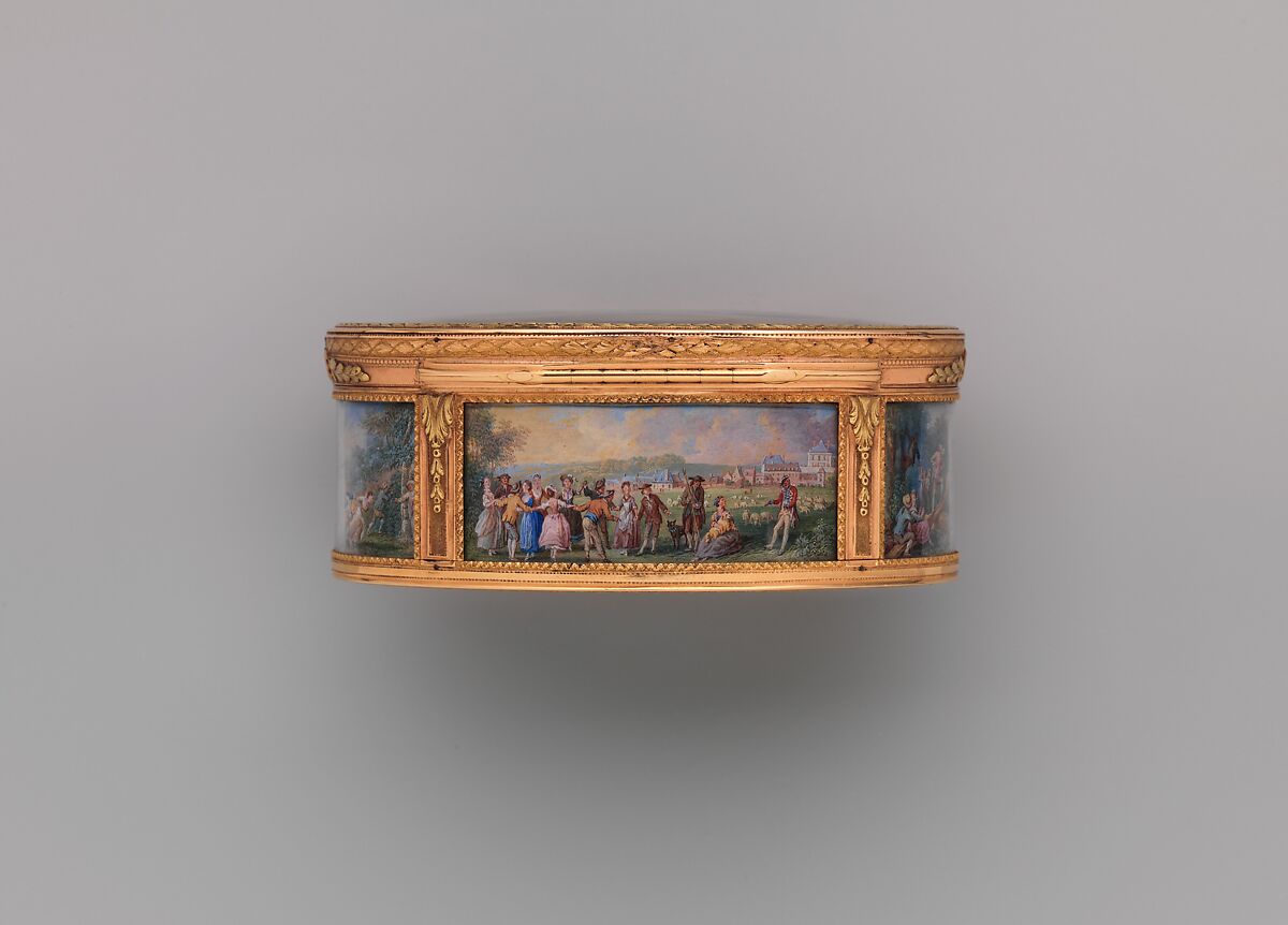 Snuffbox with six scenes of country pastimes, Box by Pierre François Drais (French, 1726–ca. 1788), Gold, glass; miniatures: gouache on vellum, French, Paris
