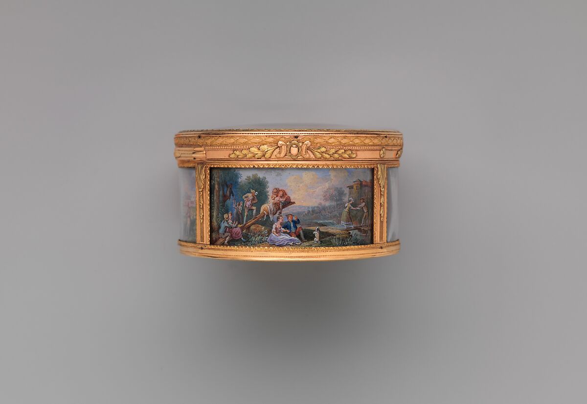 Snuffbox with six scenes of country pastimes, Box by Pierre François Drais (French, 1726–ca. 1788), Gold, glass; miniatures: gouache on vellum, French, Paris